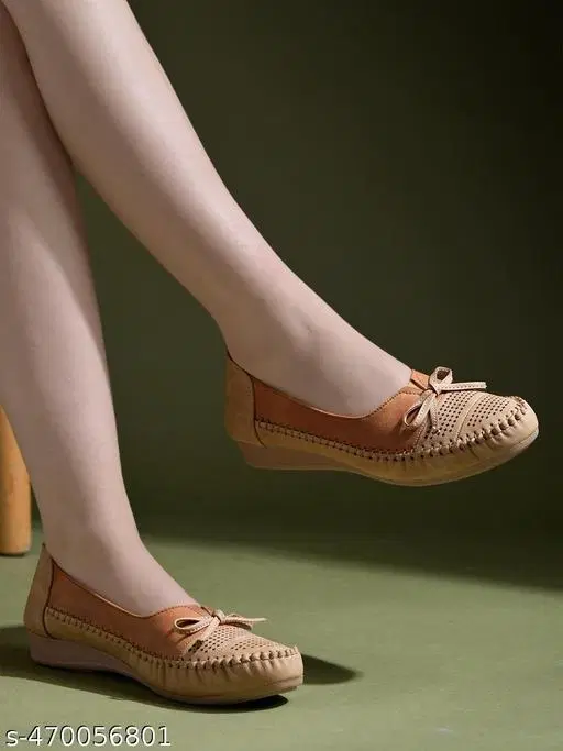 Textured Synthetic Ballerinas for Women (Beige, IND-5)