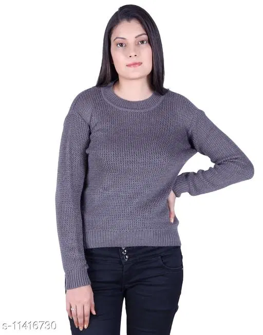 Acrylic Solid Sweater for Women (Grey, L)