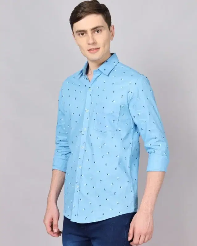 Cotton Printed Shirt for Men, Sky Blue (L)