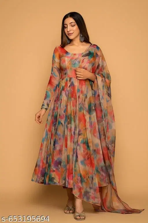 Digital Printed Dress with Dupatta for Women (Multicolor, XS)