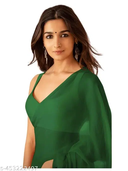 Plain Pure Georgette Alia Bhatt Saree for Women (Green)