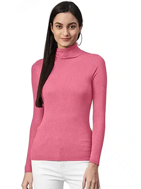 Womens' Full Sleeves High Neck Sweater (Pink, S) (SC-7)