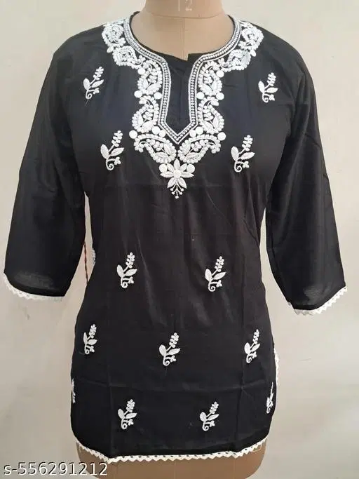 Floral Embroidered Rayon Kurti for Women (Black, S)