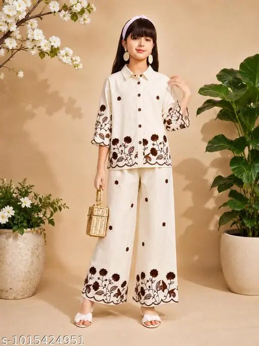 Cotton Linen Embroidered Floral Co-Ord Set for Girls (Cream, 11-12 Years)