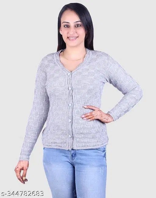Acrylic Solid Sweater for Women (Grey, M)