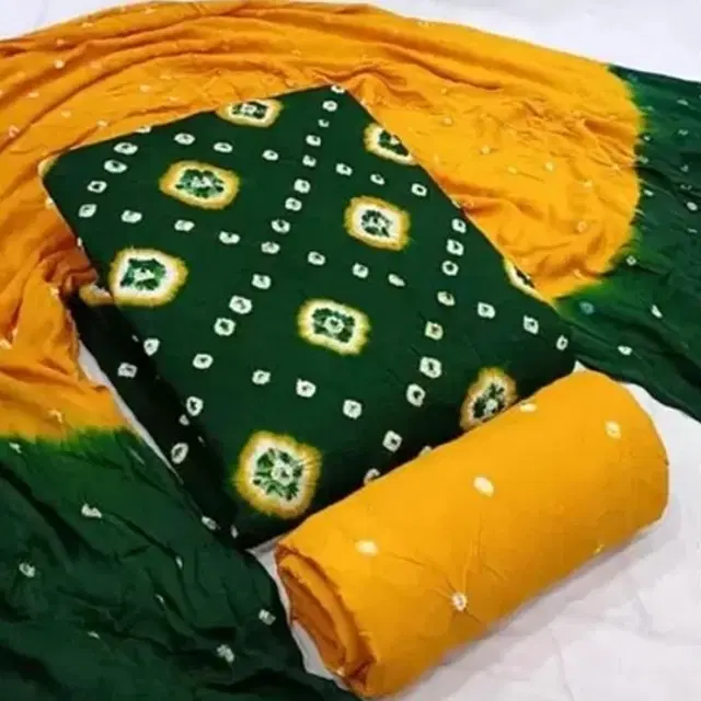 Rayon Bandhani Unstitched Suit with Dupatta for Women, Green