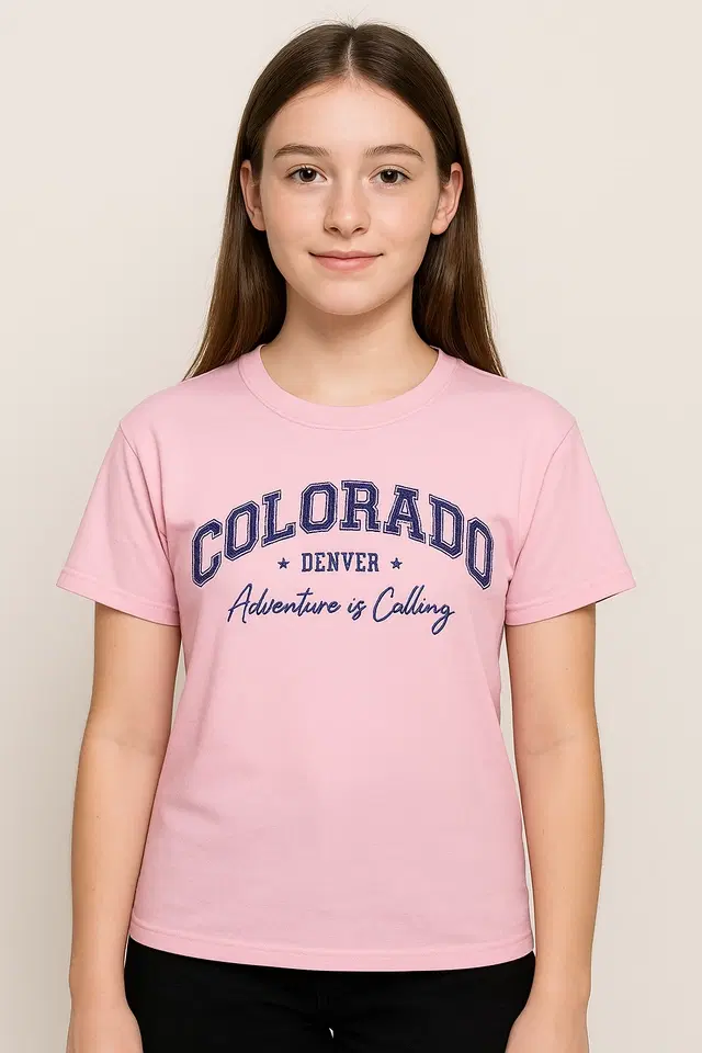 Round Neck Printed T-Shirt for Girls, Pink (30)
