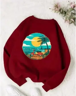 Round Neck Printed Sweatshirt for Women (Maroon, S)