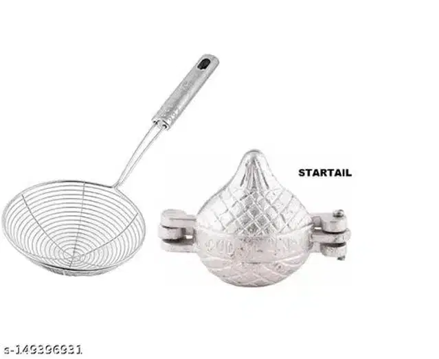 Stainless Steel Deep Frying Strainer with Modak Mould, Silver, Set of 2