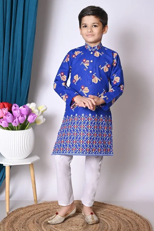Cotton Printed Kurta with Payjama for Boys, Blue & White (6-12 Months)
