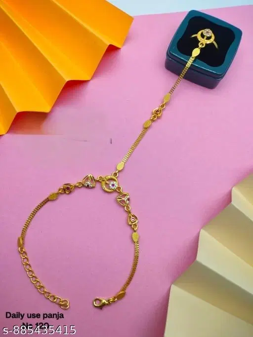 Bracelet with Ring for Women (Gold, Free Size)