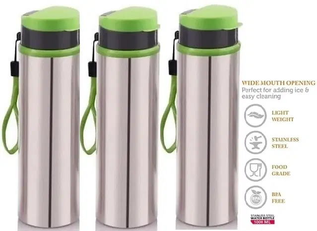 Stainless Steel Water Bottle, Silver & Green, 900 ml, Pack of 3