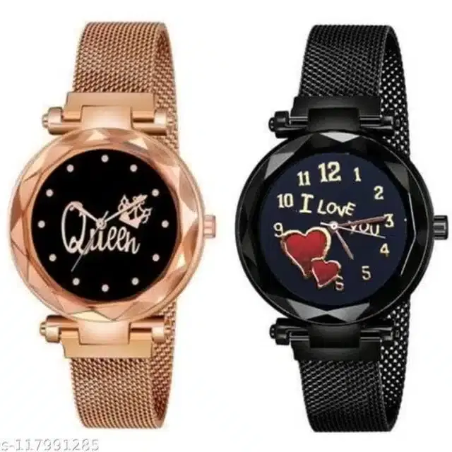 Analog Watch for Women, Set of 2 (Rose Gold & Black)