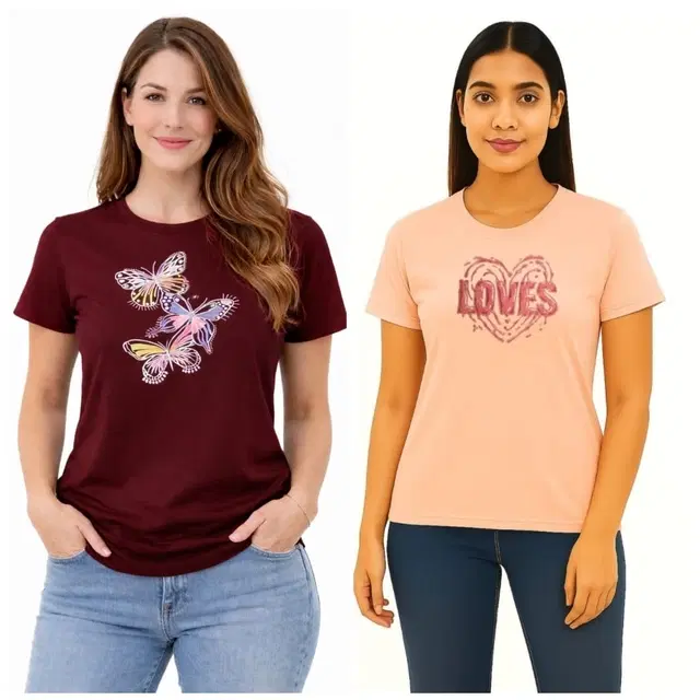 Cotton Blend T-shirt for Women, Peach & Maroon, Pack of 2 (XL)