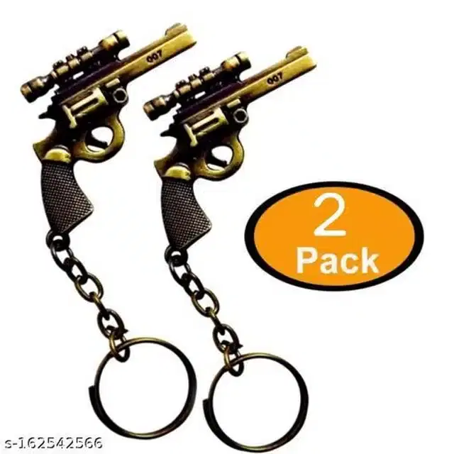 Gun Shape Key Chain, Black & Golden, Pack of 2