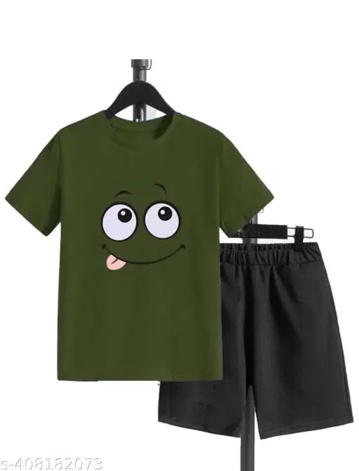 Cotton Blend Printed Clothing Set for Boys, Olive (0-1 Months)