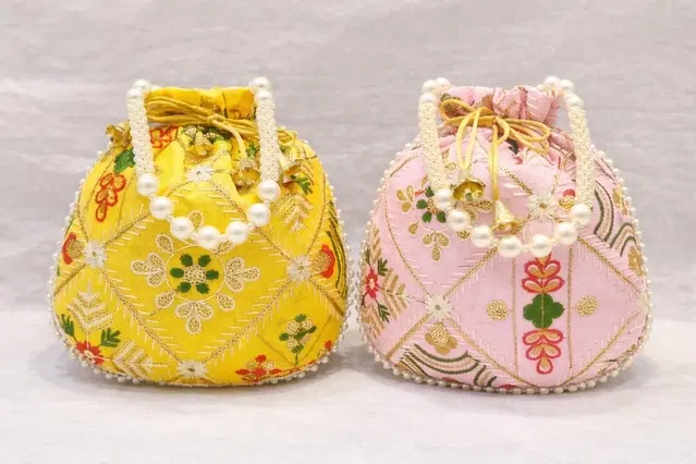 Handcrafted Embroidered Silk Potli Bag, Multicolour, Pack of 2