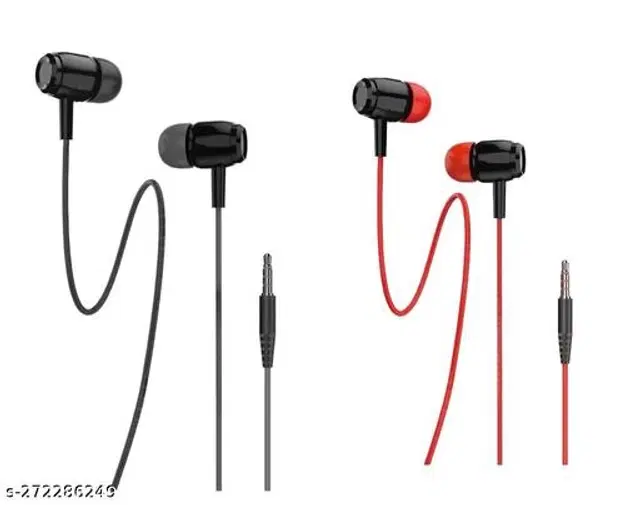 Premium 3.5 mm Jack Wired Earphones, Black & Red, Pack of 2