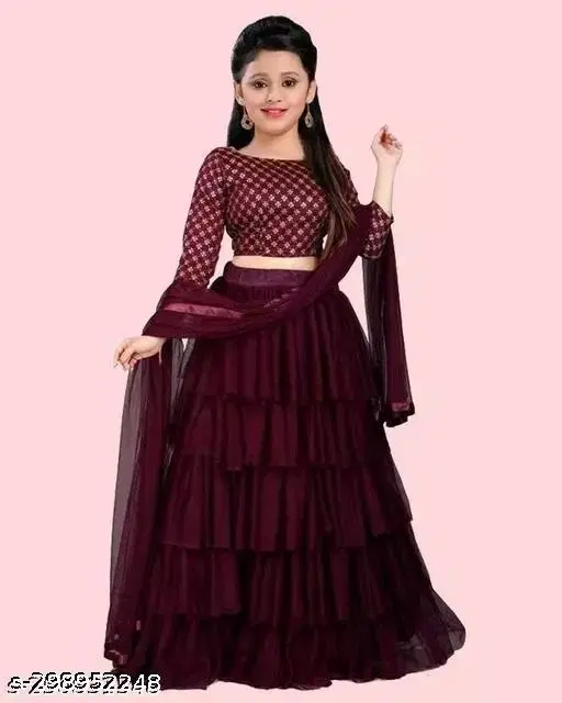Net Solid Lehenga Choli with Dupatta for Girls (Maroon, 4-5 Years)
