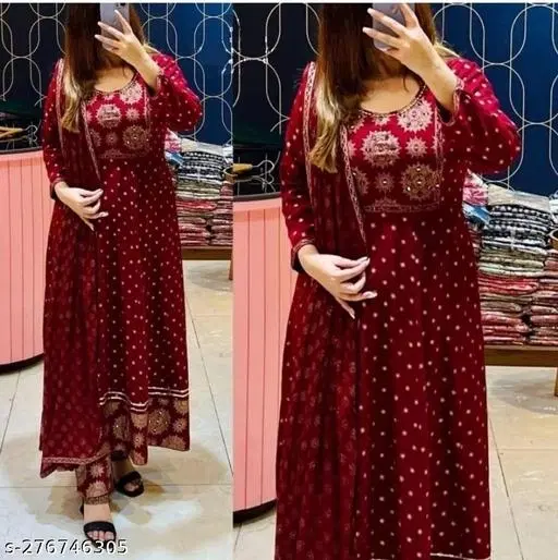 Micro Print Flared Dupatta Set for Women (Maroon, XL)
