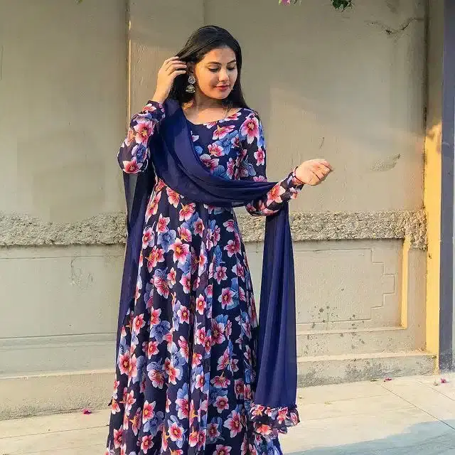 Women's Floral Printed Anarkali Flared Gown (Navy Blue, XL)