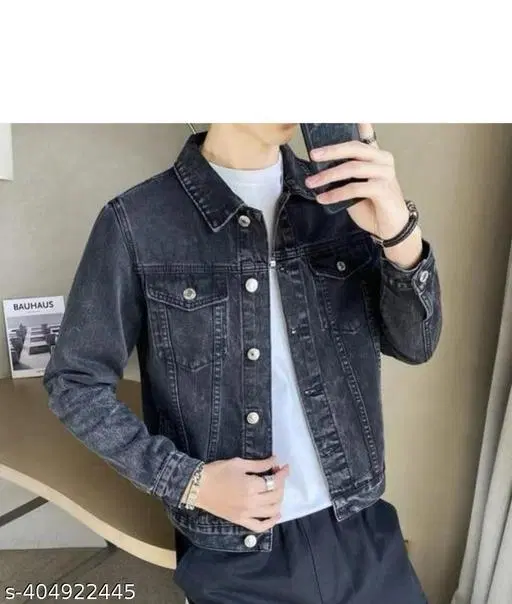 Denim Solid Jacket for Men (Black, L)