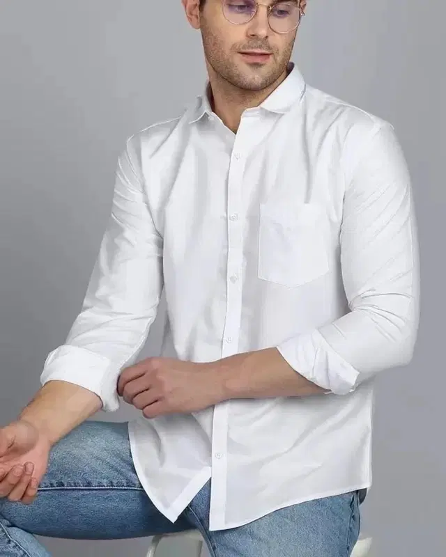 Cotton Blend Solid Shirt for Men, White (M)