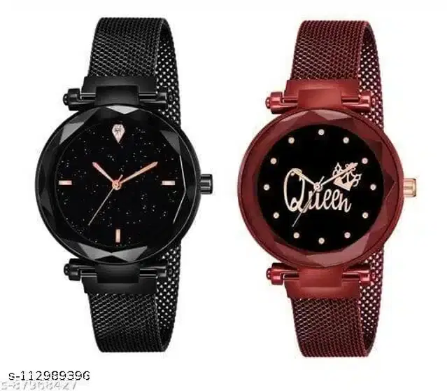 Analog Watch for Women, Set of 2 (Maroon & Black)