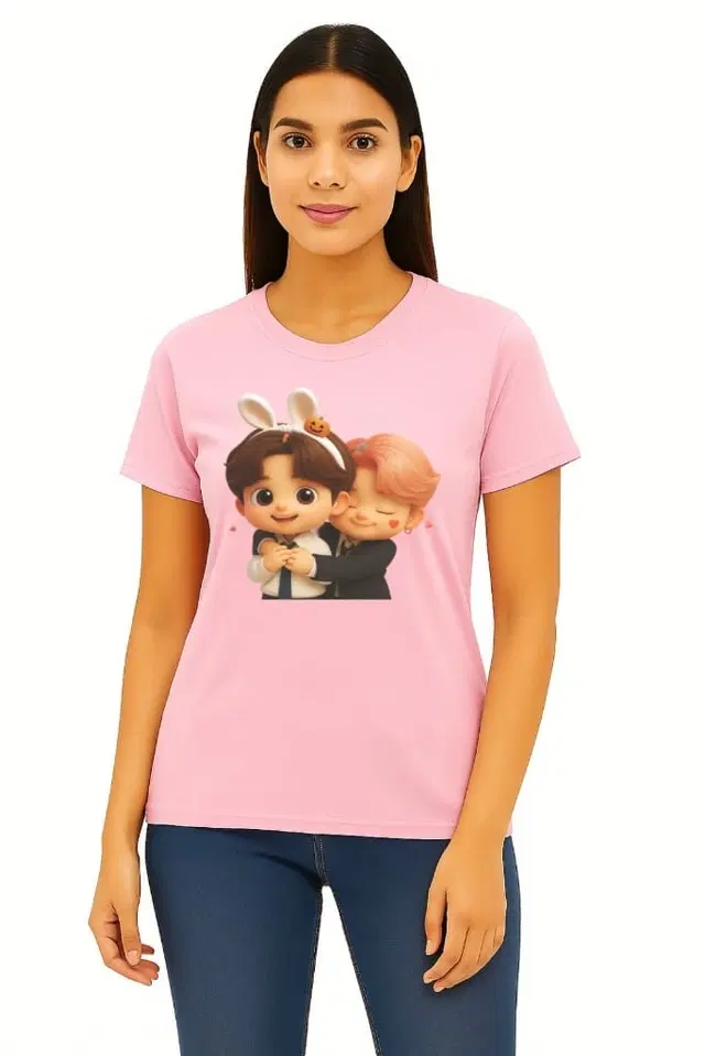 Cotton Blend Printed T-shirt for Women, Pink (S)