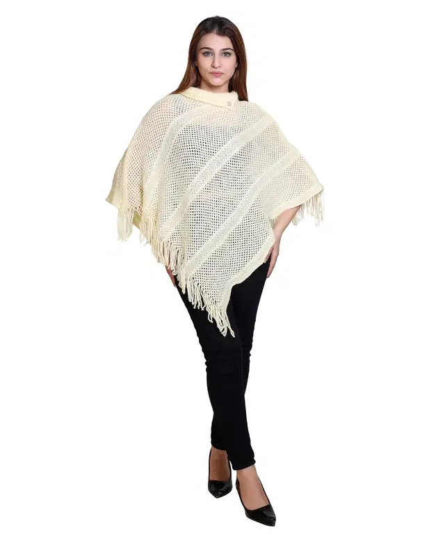 Woolen Self-Design Ponchos for Women (White, M)