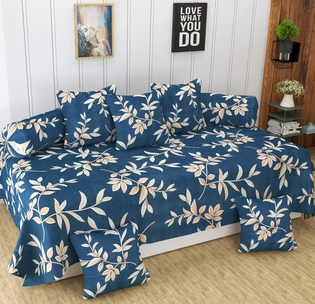 Sarangi Floral Diwan Set with 1 Single Bedsheet, 5 Cushion Cover and 2 Bolster Cover Blue 150x225cm