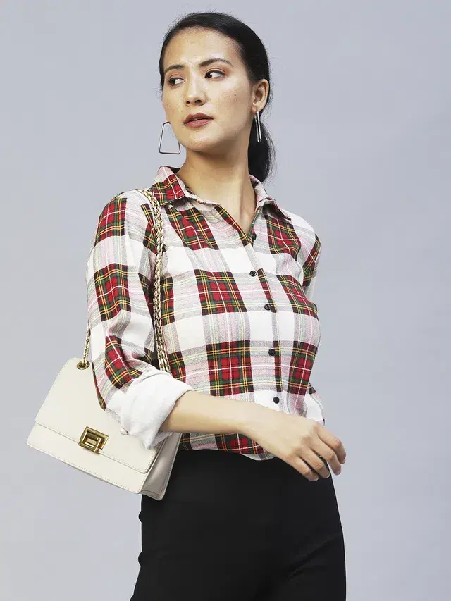 Women's Checkered Full Sleeves Shirt (Off White & Red, S)
