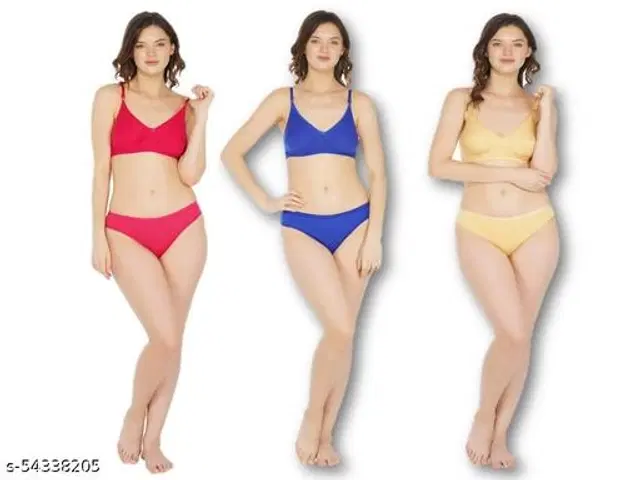 Cotton Blend Solid Lingerie Set for Women, Pack of 3 (Multicolor, 30A)