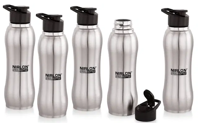 Nirlon Aqua Flip Single Wall Stainless Steel Water Bottle 750Ml, Fridge Water Bottle / Sipper Water Bottles For Fridge, School,Gym,Home,Office,Boys, Girls, Kids, Leak Proof(Silver Colour|Set Of 5)