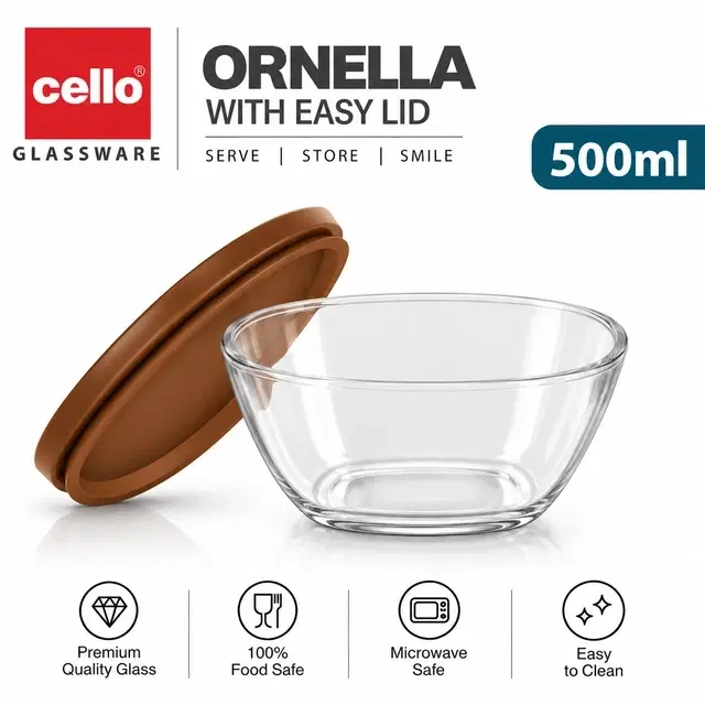 Cello Ornella Glass Mixing Bowl with Easy Lid, 500ml, Brown | Pack of 1 | Airtight Easy Lid | Microwave Safe | Mix, Serve & Store