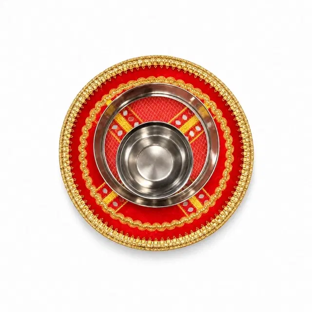 Decorative Karwachouth Stainless Steel Pooja Thali Set