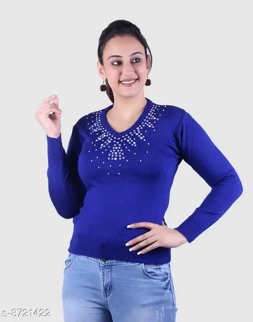 Acrylic Embellished Sweater for Women (Blue, XL)