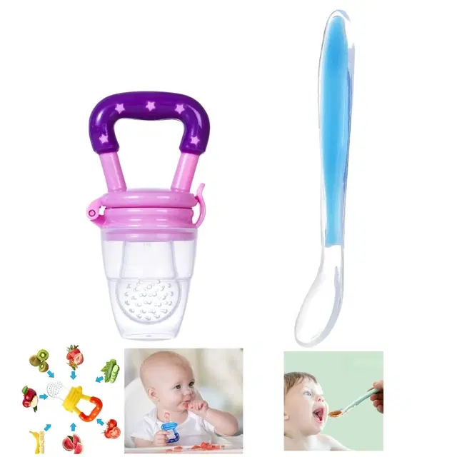 Combo of Silicone Feeding Spoon & Fruit Nibbler for Baby, Multicolor, Set of 2