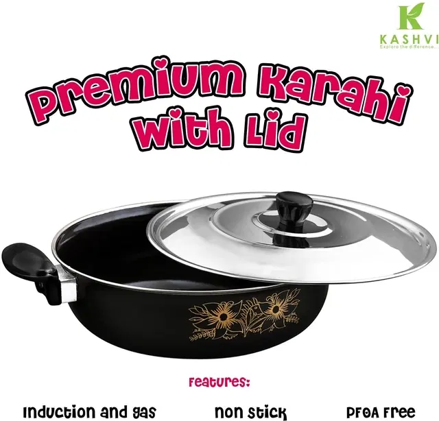 Cast Iron Kadai with Lid, Black & Silver, 28 cm