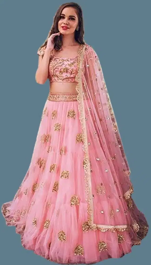 Net Embroidered Semi Stitched Lehenga Choli with Dupatta for Women, Pink