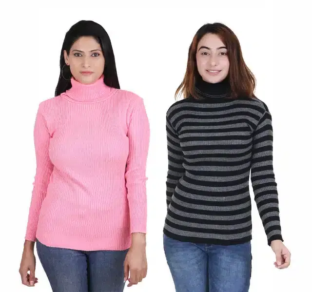 Full Sleeves Solid Sweater for Women, Pack of 2 (Pink & Grey, S)