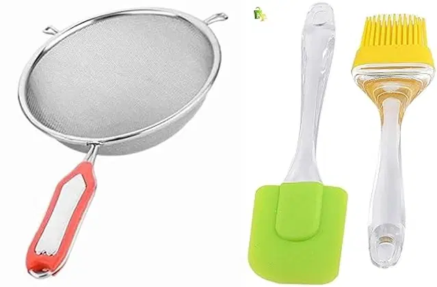 Stainless Steel Milk & Tea Strainer with Spatula & Oil Brush for Kitchen, Multicolor, Set of 3