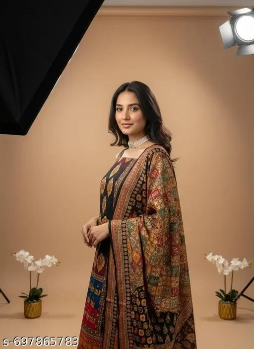 Bandhani Printed Jaipuri Designs Embroidered Top Bottom Duppata for Women (Black, Un Stitched)