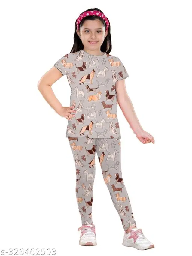 Polycotton Nightsuit for Girls (Grey, 1-2 Years)