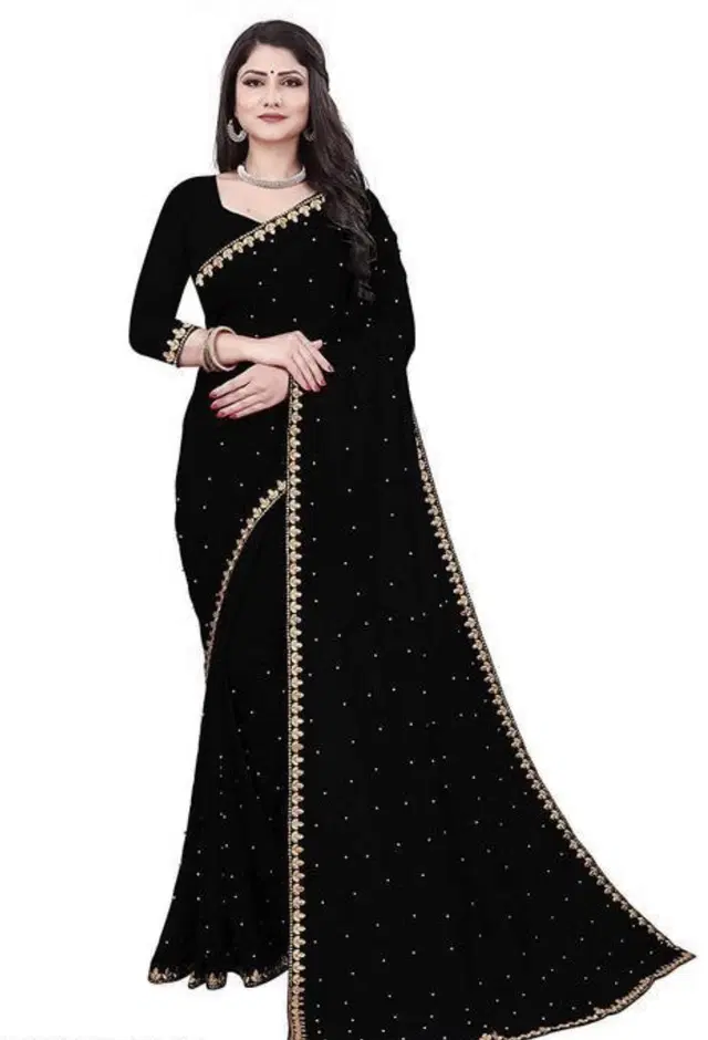 Lycra Blend Embroidered Saree for Women (Black, 6.3 m)