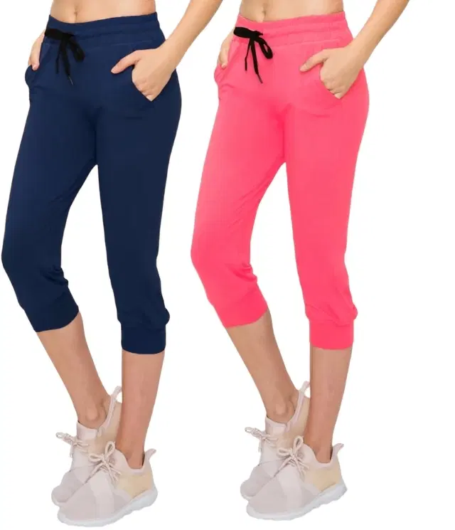 Cotton Solid Capri for Women, Pack of 2 (Navy Blue & Pink, L)