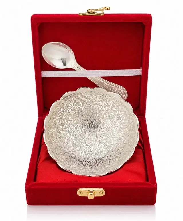 Decorative Brass Serving Bowl Spoon In Velvet Gift Box With Peacock Engraving, For Gifting, Wedding And Diwali