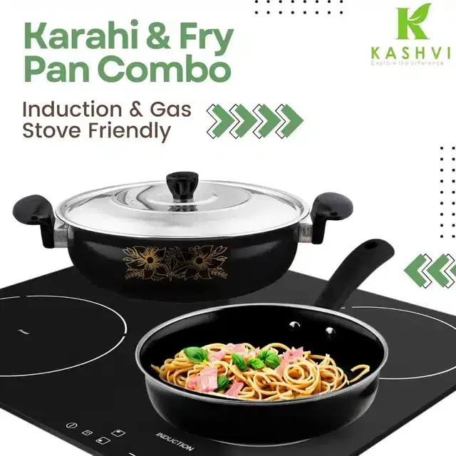 Non Stick Kadai with Stainless Steel Lid & Frying Pan, Black, Set of 2