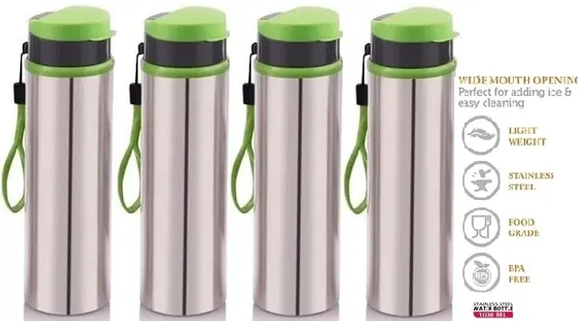 Stainless Steel Water Bottle, Silver & Green, 900 ml, Pack of 4
