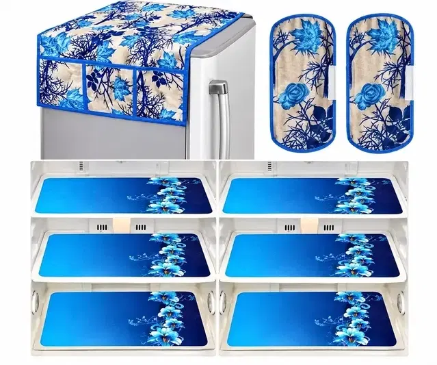 Knitted Fridge Cover, With 6xFridge Mat And 2xHandle Cover Pack Of 9 Sea Blue
